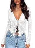 AGECODE Women's Sexy Open Front Tie Long Sleeve Ruffle Trim Sheer Mesh Lace Crop Tops Blouses White Large