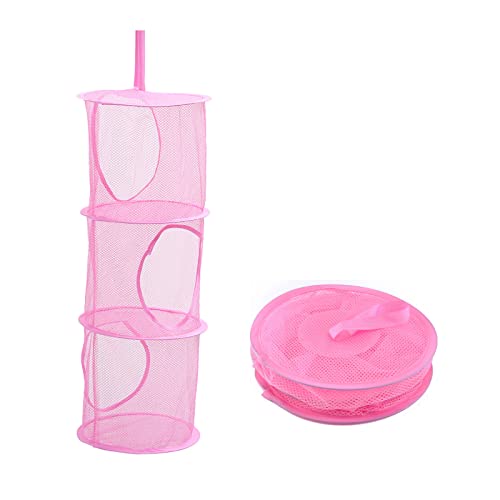 Mesh Hanging Storage Basket With 3 Compartments Foldable Hanging Storage Organizer Net Bag for Toys Storage, Space Saver Sundries Clothes Bra Underwear Socks Drying Basket Laundry Hamper (Pink)