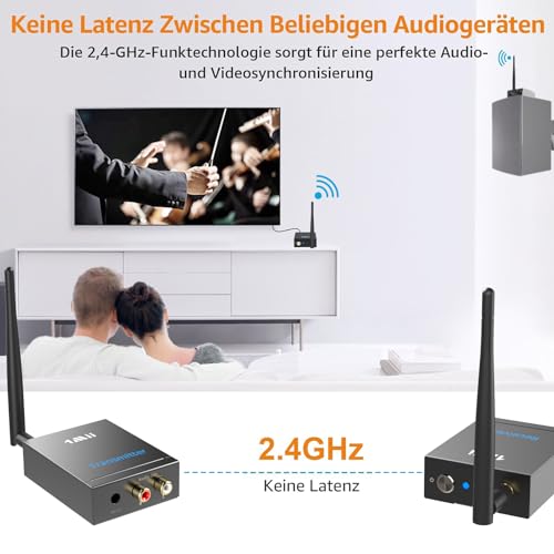 1Mii (1 TX + 1 RX) Drahtlos Audio Sender Empfänger, 2.4G Große Reichweite, Low Latency für HiFi-Musik von TV/PC zu Aktivlautsprechern/Stereo/Subwoofer/CD, Cinch-Ausgang/Eingang, 320ft – Bild 3