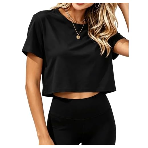 Womens Summer Crop Top Round Neck Crop Tees Short Sleeve Solid Color Blouse(Black,S)