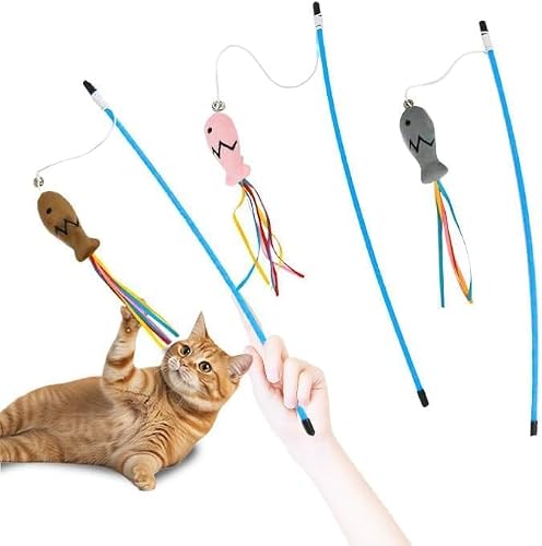Cat Teaser Toy, 3 Pack, Plush Fish and Colorful Ribbon Teaser Sticks, Interactive Exercise Toy for Indoor Cats and Kittens