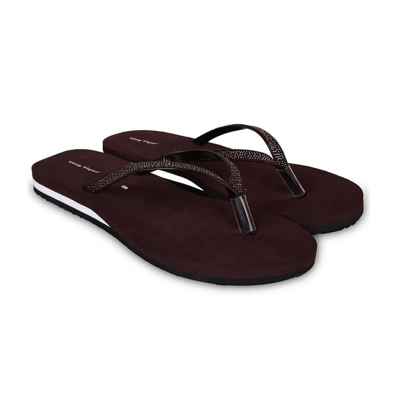 Women Brown Embellished Flip Flops Stylish Flat Slippers with Rhinestone Strap Comfortable Wear Casual Footwear Size 6-image-44