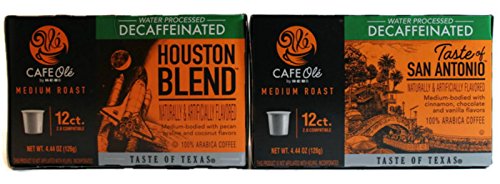 Cafe Ole Taste of Texas DECAF Bundled San Antonio/Houston Single Serve Coffee Cups 12 Cups Each (Pack of 2)