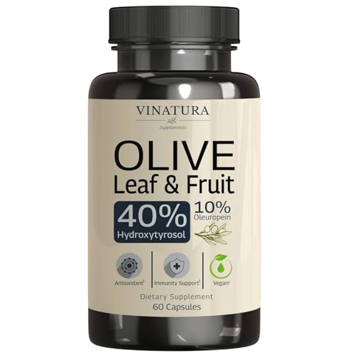 VINATURA Hydroxytyrosol Supplement, Olive Leaf Extract - 40% Hydroxytyrosol Olive Fruit Extract, 10% Oleuropein Olive Leaf Extract Capsules - 60 Capsules