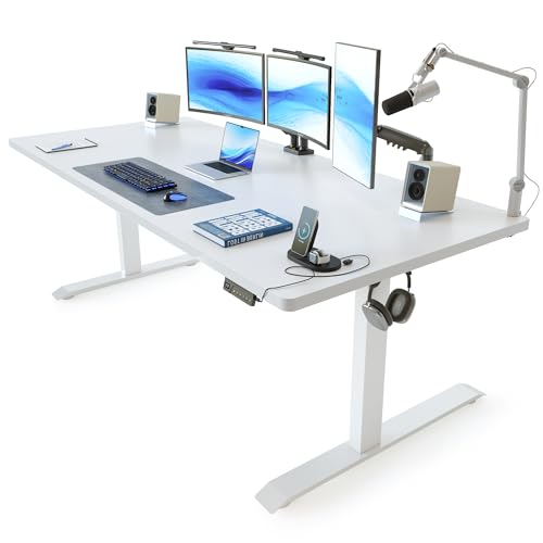 Image of FEZIBO 63 x 37 Inch Standing Desk with Integrated Dual-Beam, Cable Management, 3 Memory Height Adjustable Computer Desk for Home Office Workstation, 1 inch Thick Large 3-Piece Desktop White