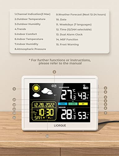 LIORQUE-Weather-Stations-with-Outdoor-Sensor-Wireless-Weather-Stations-for-Home-Garden-MSF-Digital-Clock-Barometer-Temperature-Humidity-Monitor-Date-Weather-Forecast