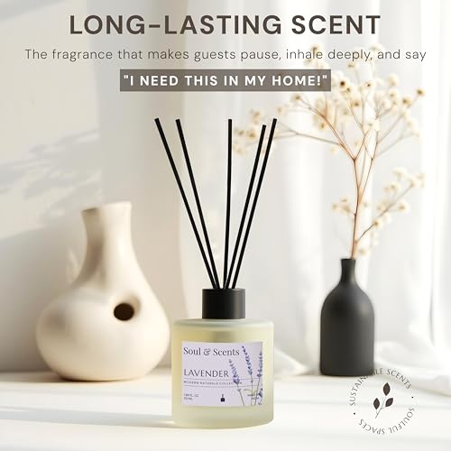 Image of Soul & Scents 50ml Lavender Reed Diffuser Set | Blend of Rosemary and Vanilla | Get 5 Rattan Reed Sticks | Smoke Less Room Freshener for Home, Bedroom, Living Room & Office