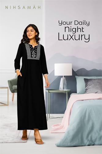 Image of NIHSAMAH Viscose Nighty for Women, Embroidered & Printed Stylish Night Gown, Long Sleeve Comfortable Sleepwear Long Nightwear, Maxi