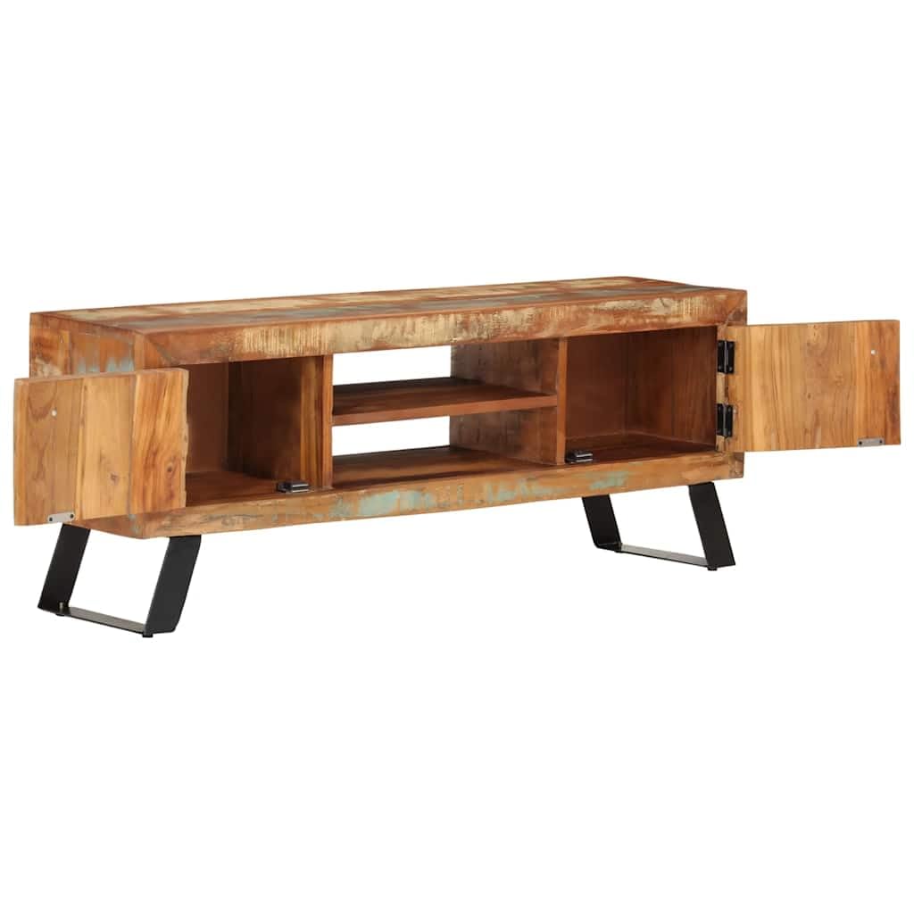 Mobile Porta TV 112x30x45 cm in Legno Massello di Recupero | Mobiletto basso vintage per soggiorno con ante e ripiani in legno riciclato e gambe in metallo.