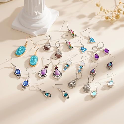 12 Pairs Dangle Earrings for Women Trendy Sterling Silver Earring Set Vintage Boho Jewelry Colorful Teardrop Druse Crystal Drop Dangle Hypoallergenic Earrings for Christmas Birthday Gifts3