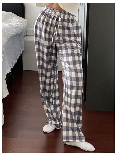 SOLY HUX Calça de pijama xadrez feminina com cordão e bolsos, Xadrez cinza, M