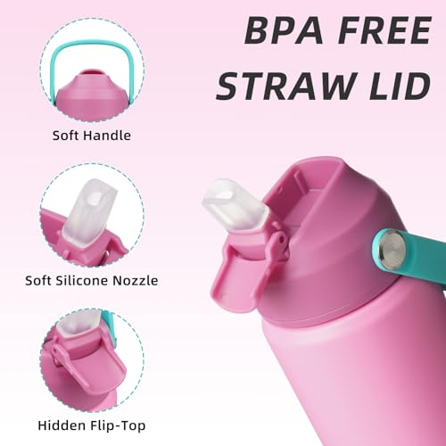 Image of BJPKPK Insulated Water Bottle with Straw Lid, 12oz Thermo Water Bottles, Flex Handle & Non-slip Boot, BPA Free Leak Proof Stainless Steel Metal Thermo, Tumblers, Cups,Rose Pink
