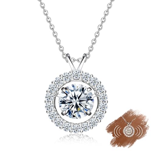 Handi Queen 1 Carat Dancing Moissanite Halo Pendant Necklace, D Color VVS Round Hearts & Arrows Cut, S925 Sterling Silver Floating Links, 19.6" Adjustable Chain