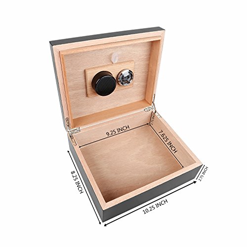 Woodronic Handmade Cigar Humidor Box with Hygrometer Humidifier Cigar Cutter and Ashtray for 30-50 Counts, Polished Piano Black Humidor Set for Men with Spanish Cedar Lining and Tight Seal