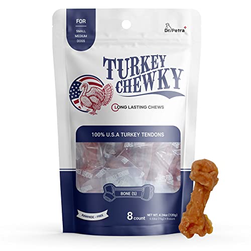 DR.PETRA Turkey CHEWKY, Turkey Tendon for Dogs, Rawhide Free Chews Long Lasting, Hypoallergenic Dog Treats, Natural Dog Snack (Bone - Small (8 Count))