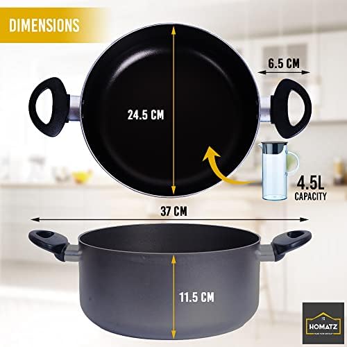 Homatz Stock Pot 4.5L, 24cm Large Non-Stick Cooking Pot with Glass Lid and Silicon Trivet Mat - Induction Base Aluminum Casserole Pot - Heat Resistant Handles (Stock Pot, 24 cm)