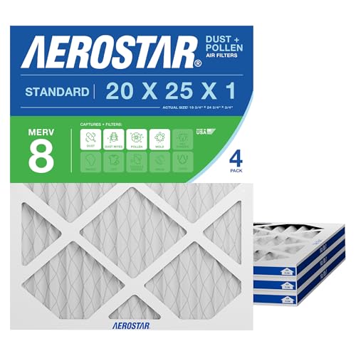 Aerostar 20x25x1 MERV 8 - 4 Count - High Efficiency Pleated HVAC Furnace & Air Conditioner Filters - Removes Dust Lint Mold & Allergy-Causing Pollen