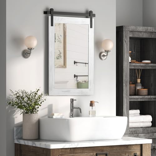 Image of COGOOD Farmhouse Barn Door Mirror - 38 inch x 25 inch Rustic Wood Framed Wall Mirror for Bathroom, Living Room, Entryway Wall Decorative (White)