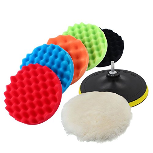 Yosoo Buffing Pads Polishing Pads, 7 Pcs Waxing Sponge Pads Kit Car Polisher with M14 Drill Adapter (7 Inch)