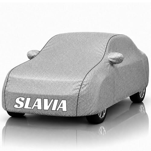 Image of Safe-Cars New Silver 100% Waterproof Slavia Car Cover | Polyester Car Body Cover for Rain & Sun | UV Protection, Dustproof, Scratch Resistant, Windproof, Heat Resistant, Custom Fit