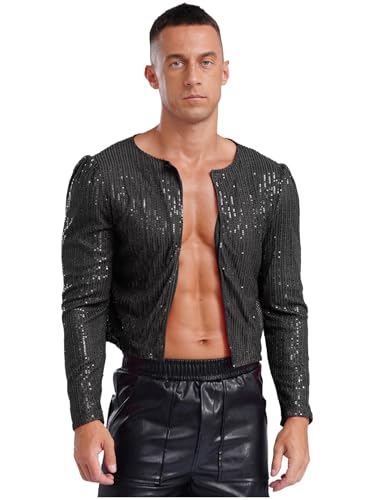 Men's Sparkle Bolero Cardigan Jacket Sequined Long Sleeve Shirt Tops Open Front Shimmer Coat