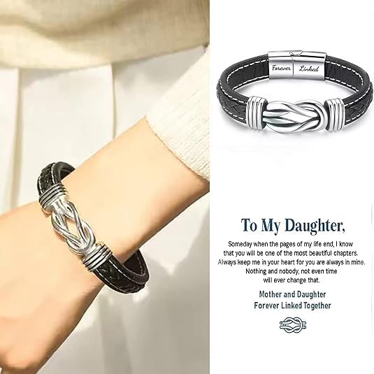 To My Daughter Love You Forever Bracelet, Mother and Daughter Forever Linked Together Braided Leather Bracelet, Inspirational Wristband for Women Infinity Knot Engraved Bangle Gift from Mom - Image 3