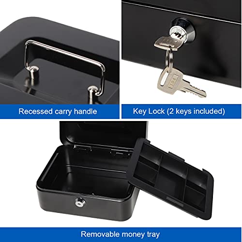 Small Cash Box With Money Tray And Lock, Lovndi Metal Money Box For Cash, Lockbox 7.87X 6.30X 3.54 Inches, Black #TOP1