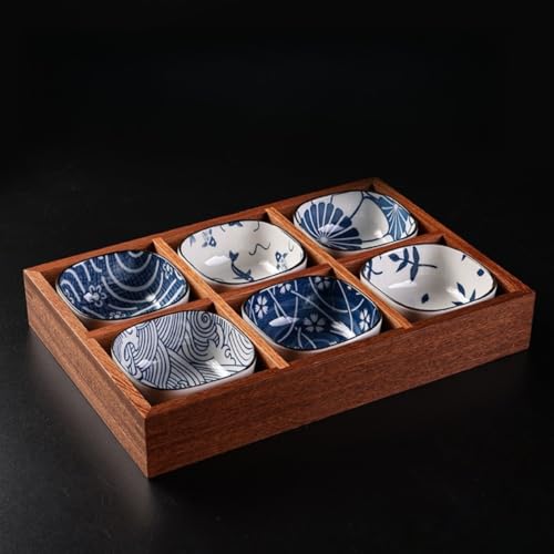 ChoyClit 小皿セット 陶器 食器 天然木 小皿寿司皿 仕切り付きトレイ 木製トレイ 深型仕切り付き 小鉢 醤油皿 アイスクリーム ソース皿 前菜皿 盛り付け用ボウル 和風食器 鍋店 焼肉店 寿司店 (6マス)