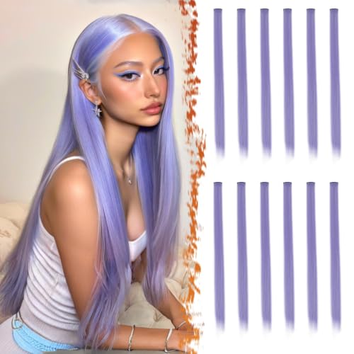 BARSDAR Purple Clip in Hair Extensions - 22 Inch 12 PCs Party Highlights Colored Clip in Hair Extensions, Straight Synthetic Purple Hairpieces for Women Halloween Christmas Costume - Light Purple