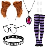 7 Pcs Halloween Wolf Costume Include Wolf Ears Headband,Purple Striped Socks,Glasses,Leather Choker,Crystal Necklace and Vampire Teeth for Women Halloween Party Dress Up