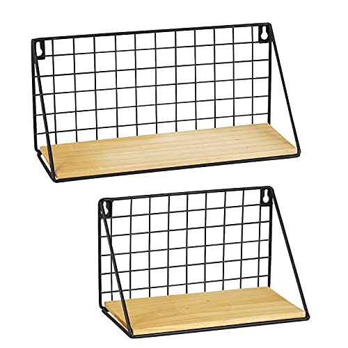 47th & Main Wooden Floating Wall Shelf, Set of 2, Natural/Black