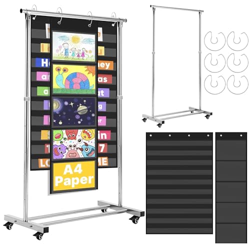 Yudylg 9 Pack Upgraded Pocket Chart Stand with Brake Swivel Wheels – Upgraded Adjustable Stainless Steel Anchor Chart Holder with 2 Pocket Charts of Different Sizes and 6 Pocket Chart Rings