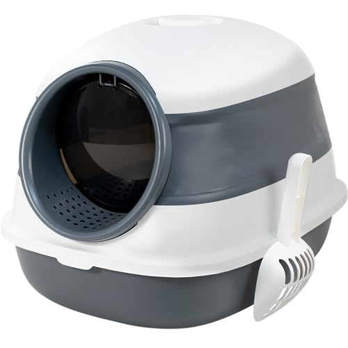 FURRYPAWS Cat Litter Tray Enclosed Easy Clean Cat Litter Box with Lid,Foldable Litter Tray with Activated carbon Filter,Scoop (Grey)