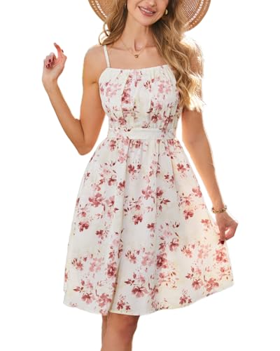 Image of Women's Summer Dresses Spaghetti Strap Sleeveless Beach Floral Sundress with Pockets A Line Flowy Casual Smocked Midi Dress