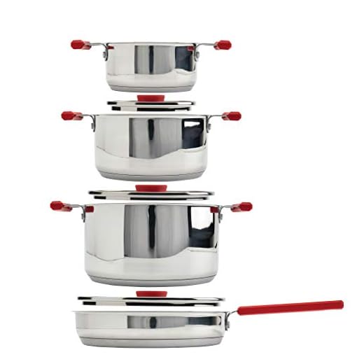 Denmark Tools for Cooks Stax Cookware Collection- Stainless Steel Electric Gas Induction High Polish Dishwasher Oven Safe, 7 Piece Stax Stainless Steel Nesting Cookware Set (RED)