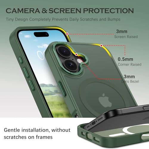 Image of YINLAI for iPhone 16 Case 6.1-inch,Magnetic Compatible with MagSafe, Slim Matte Anti-Fingerprint, Shockproof Full Body Military Grade Protection for iPhone 16 Cover, Green