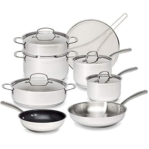 Goodful 12-Piece Classic Stainless Steel Cookware Set with Tri-Ply Base for Even Heating, Durable, Impact Bonded Pots and Pans, Dishwasher Safe Includes Non Stick Frying Pan, Chrome Cover