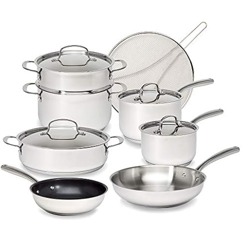 Goodful 12-Piece Classic Stainless Steel Cookware Set with Tri-Ply Base for Even Heating, Durable, Impact Bonded Pots and Pans, Dishwasher Safe Includes Non Stick Frying Pan, Chrome
