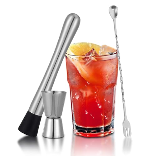 TNCO Muddler for Cocktails, 10'' Cocktail Muddler for Cocktails with Cocktail Spoon Long Handle and Jigger 0.5/1 OZ, Bar Accessories Tools for Mojitos Fruit Drinks