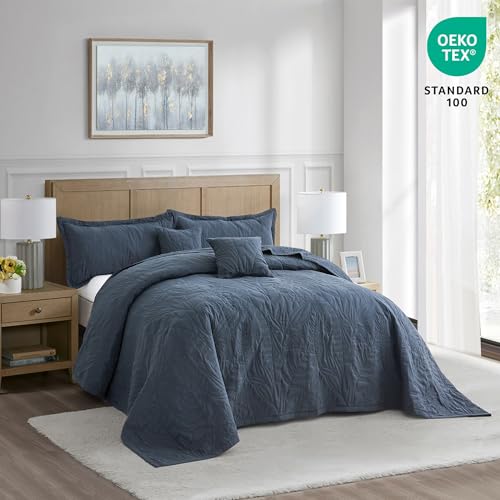 Image of HZ & HY Botanical Oversized Queen Bedspread, Stitched Leaf Quilt Set Queen Size, Lightweight Reversible Coverlet, Tailored Edge - Modern Botanical Look, 5 Piece, Navy