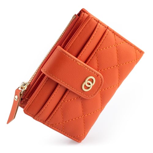 Women's Quilted Card Holder Wallet Small Soft PU Leather Orange Wallets for Women with RFID Blocking and Zip Coin Pocket - Main Image