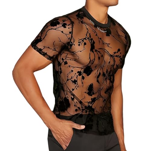 SamHeng Homme Transparent Fleurs T-shirt en Maille Sexy Noir Transparent Col Rond Hauts à Manches Courtes Slim Fit Base Chemise pour Fête Carnaval...