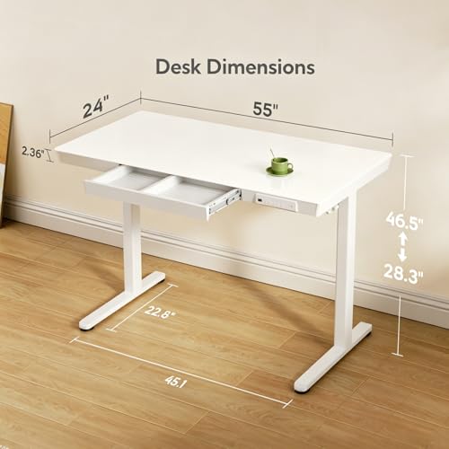 Image of INNOVAR Glass Standing Desk with Drawers & USB Ports,55 inch Whole-Piece Glass Top Adjustable Height Desks, Quick-Install Electric Sit-Stand Up Desk for Home Office & Computer Workstation, White
