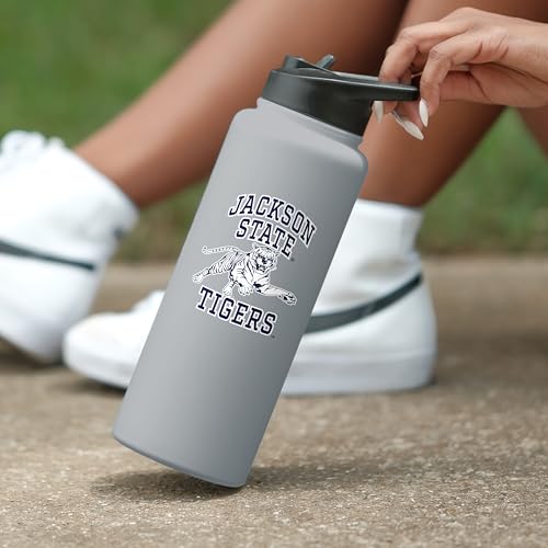Image of Logo Brands NCAA Jackson State Tigers Athletic 34 oz Stainless Steel Quencher Bottle - Double-Wall Insulated, No-Spill Lid, Easy Carry Handle - Keeps Drinks Cold For Hours