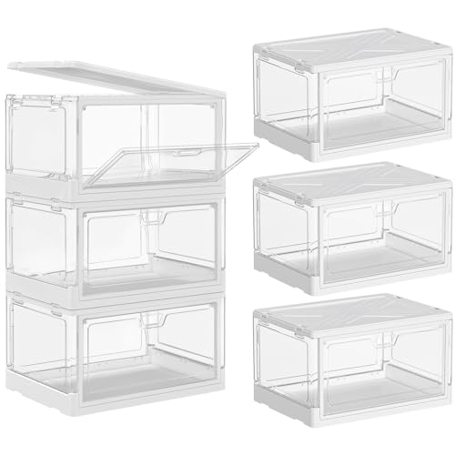 SNSLXH Clear Storage Bins with Lids, Stackable Storage Bins with Magnetic Doors Open Front, Plastic Storage Bins for Living Room, Bedroom, Study Room and Office, 3 Packs, 24QT
