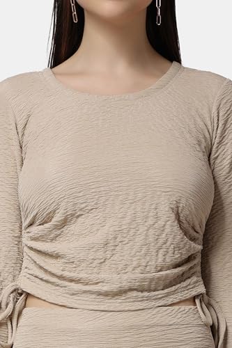 Image of POPWINGS Women Casual Polyester Cream Solid Top and Skirt Co-Ords Set