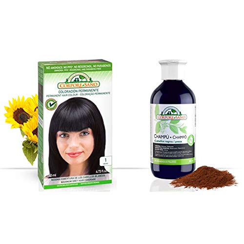 Pack Coloracion NEGRO 1 Permanente 140ml + Champu Henna NEGRO 300ml - Tinte sin amoníaco, resorcinol ni parabenos. Los champús a la Henna potencian la durabilidad del color