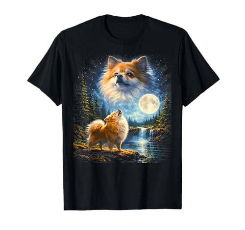 Pomeranian Howling Howl Vintage Funny Dog Moonlit Moon Art T-Shirt
