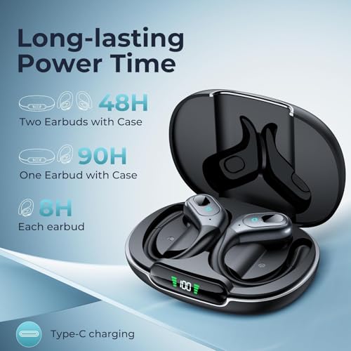 Image of occiam Active Noise Cancelling Earbuds Wireless Bluetooth Headphones | Ear Buds 90Hrs Playback Stereo Bass Earphones with Mic Over-Ear Hooks IPX7 Waterproof Headset for Sports Running Matte Black