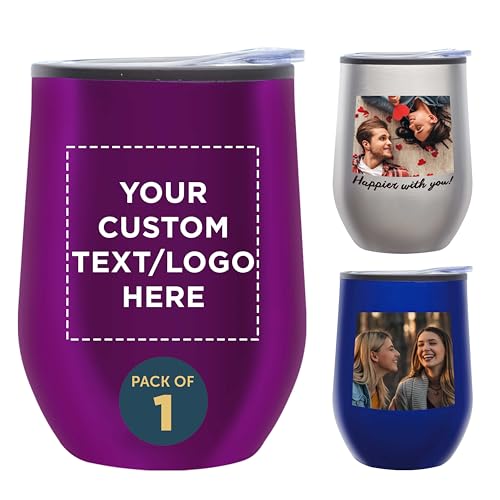 DISCOUNT PROMOS Custom Stemless Wine Tumblers 12 oz. Set of 1, Personalized Bulk Pack - Insulated, Perfect for Wine, Cocktails, Other Hot & Cold Beverages - Purple